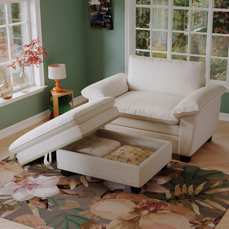 Chaise longue 51 po en chenille beige avec rangement confortable et relaxant pour le salon et la chambre à coucher, Beige