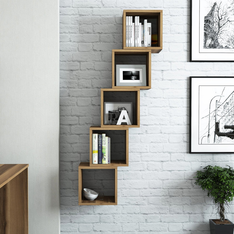 Tioga 5 Piece Square Cube Shelf with Adjustable Shelves, Walnut