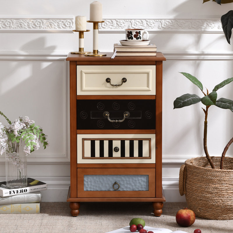 Cayden Vintage Eclectic Accent Chest with 4 Hand-Carved Drawers, Warm Walnut Wood Cabinet