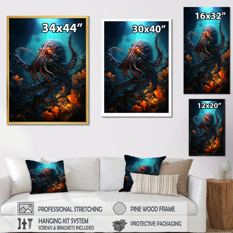 Superheros Octopus Warrior sur impression sur toile, H 20 po x l 12 po x P 1 po, Cadre simple noir