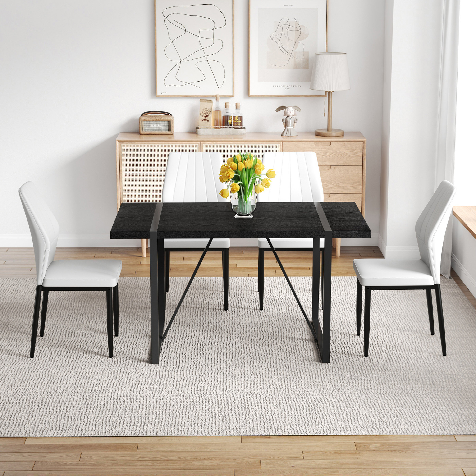 George Oliver Black Faux Wood Grain MDF Dining Table Set.A Minimalist ...