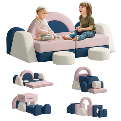 12-Piece Modular Kids Play Couch Sofa, Convertible Foam Toddler Play Furniture Set with Machine Washable Velvet Cover for Playroom and Nursery