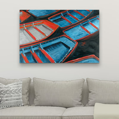 Small Blue and Red Canoes - Marine Red Canvas Home Decor