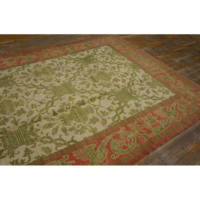 Rectangle Hand Knotted Pile Wool Ivory Beige Cream White Antique Allover Floral 1930s Rug