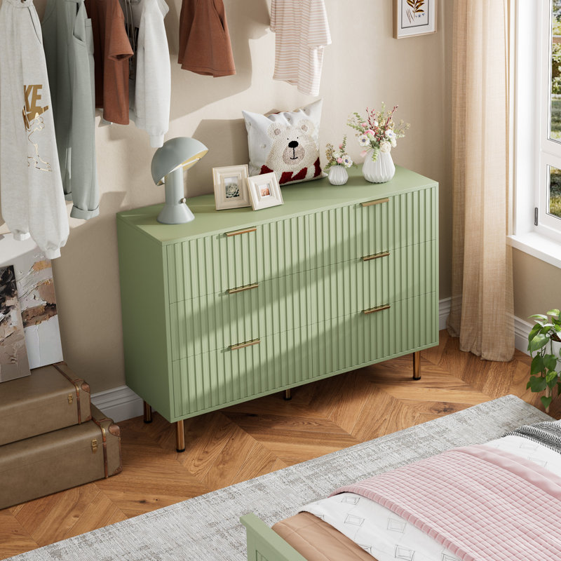 Commode de rangement cannelée à 6 tiroirs, Vert