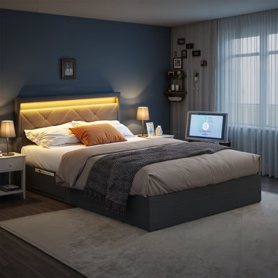 Bed with Adjustable Upholstered Headboard and 4 Drawers, 1 USB Port and 1 Type C Port by Ebern Designs