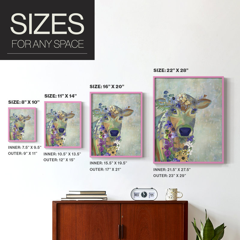 Fantastic Florals Cow, reproduction encadrée - bois massif, Rose, H 10 po x l 8 po