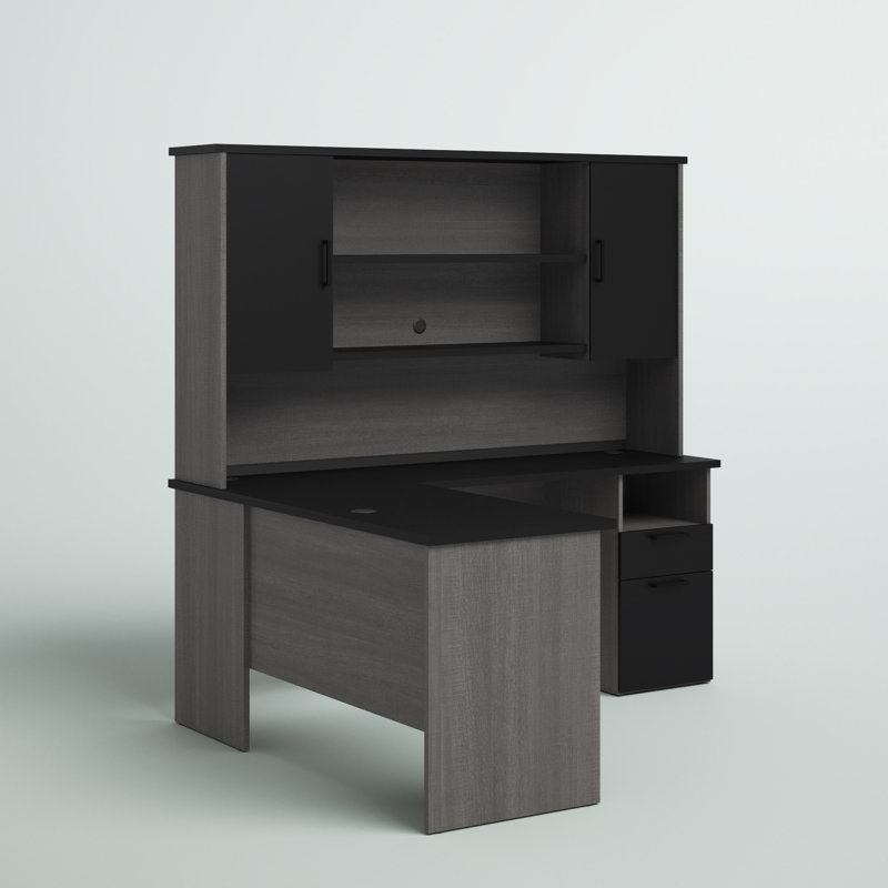 Bureau de direction en L réversible avec huche Ocke, Noir / gris écorce