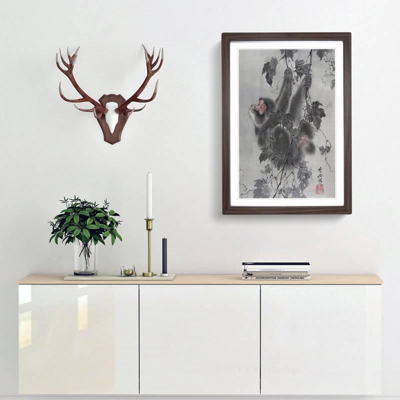 Monkey Hanging from a Tree by Kawanabe Kyosai - Picture Frame Painting Print, 36cm H x 27cm W x 2cm D, Walnut Framed