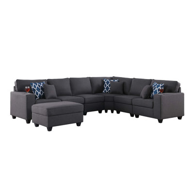 Cooper 125" Linen 7Pc Reversible L-Shape Sectionals Sofa with Ottoman and Cupholder