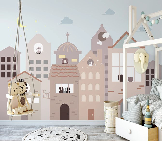 Papier peint de chambre d'enfant maisons ciel, L 114 po x l 172 po