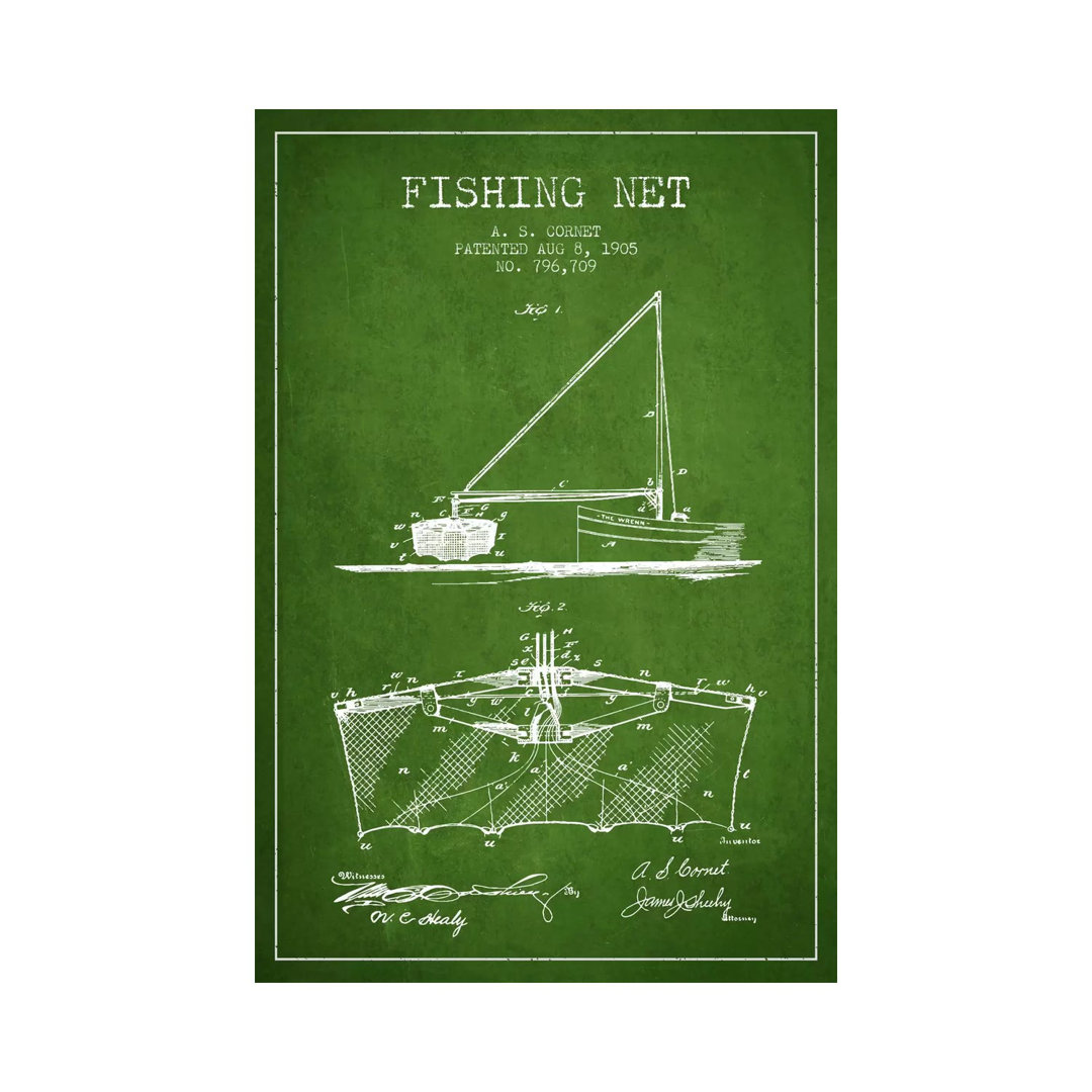 Fishing Net Green Patent Blueprint by Aged Pixel - No Frame Gallery-Wrapped Canvas Giclée on Canvas