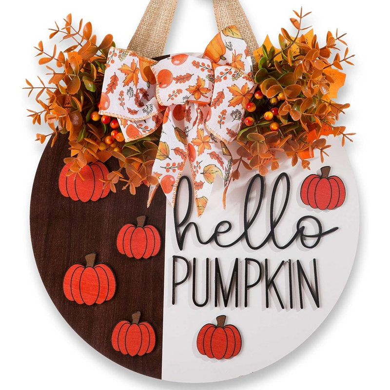Couronne de citrouille Hello Hello pour porte d'entrée avec panneau en bois 3D et nœud