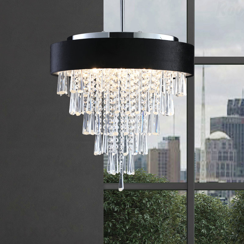 Lustre - design moderne en cristal de 18 pouces, finition noire, abat-jour en velours imitation antireflet, hauteur réglable, base G9 à 8 lumières