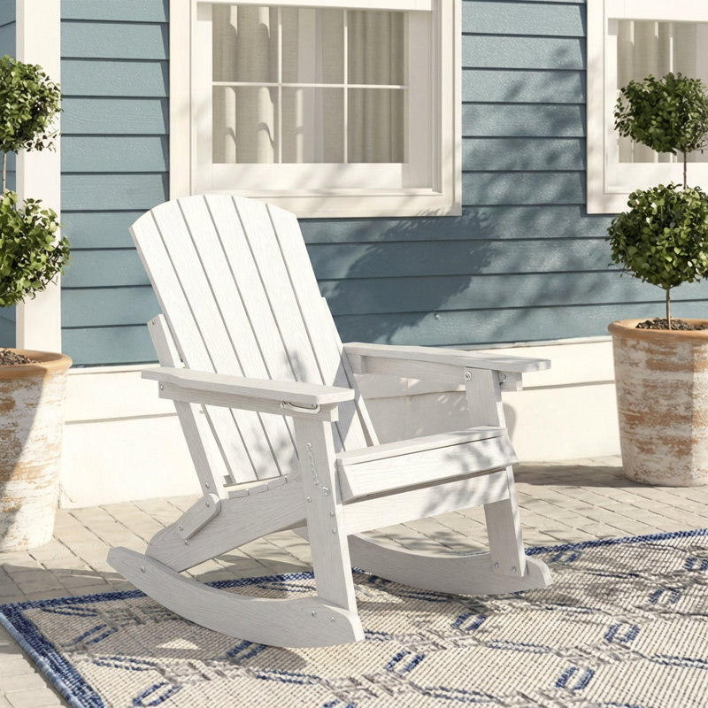  HDPE Outdoor Folding Adirondack Rocking Chair With Retractable Ottoman, White