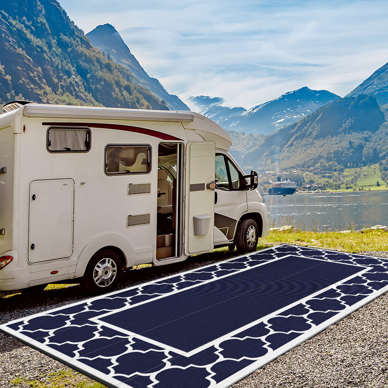 Tapis d'extérieur réversible imperméable à motif géométrique bleu et blanc, Rectangle 9 pi x 18 pi