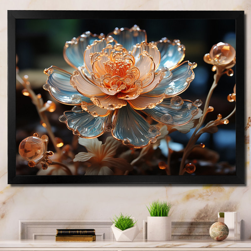 Fleur de pêche cristal I - art mural floral, Cadre simple noir, H 12 po x l 20 po x P 1 po