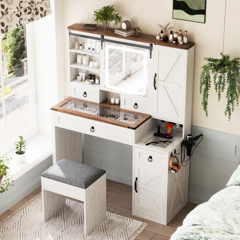 Bureau de coiffeuse avec miroir coulissant, lumières, plateau en verre, station de charge, 4 tiroirs, 2 armoires et tabouret - blanc, rangement pour cosmétiques multiples
