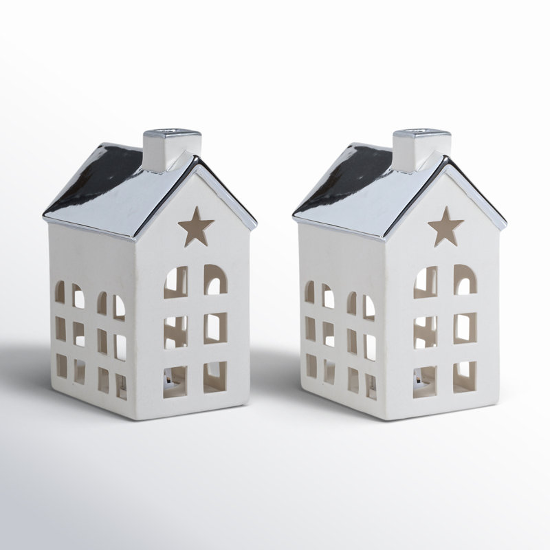 Lilou 2-Piece Set Porcelain LED House with Roof, Silver/White, 5.5" H x 4" W x 3" D