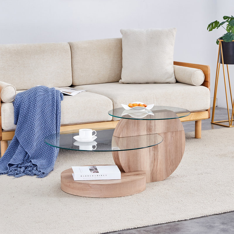 Luxurious Round Nesting Coffee Table with Storage, Light Wood