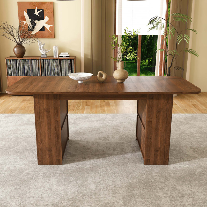 Table de salle à manger de style Mid-Century avec tiroirs de rangement et tablette ouverte pour quatre à six personnes au fini noyer