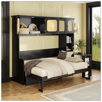 Lit escamotable double avec bureau et armoires en rotin, lit mural peu encombrant pour bureau à domicile, noir