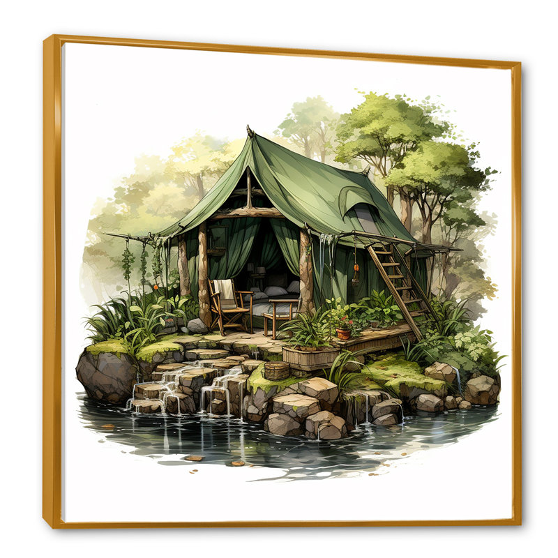Riverside Cottage Camping Dream - Art mural de chambre de bébé, Cadre flottant doré, 30" H x 30" W