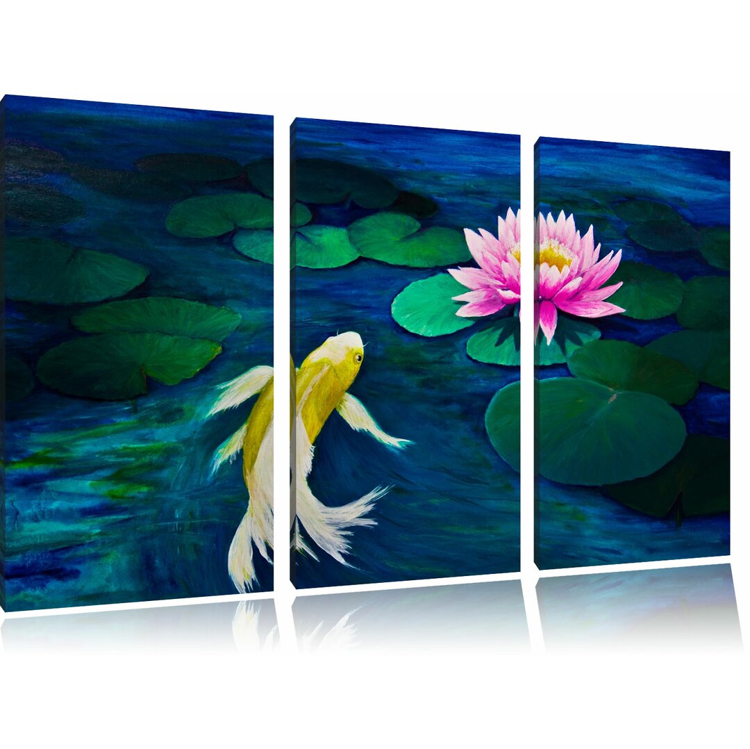 3-tlg. Leinwandbilder-Set „Koi mit Seerose Kunst“, Kunstdruck