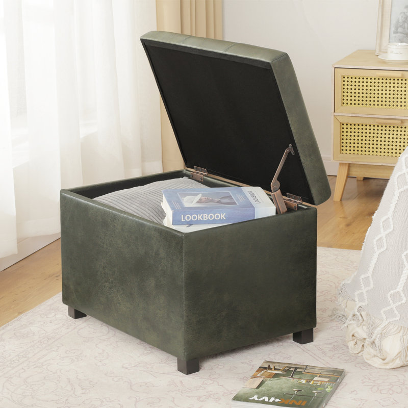 24" Faux Leather Storage Ottoman, Green