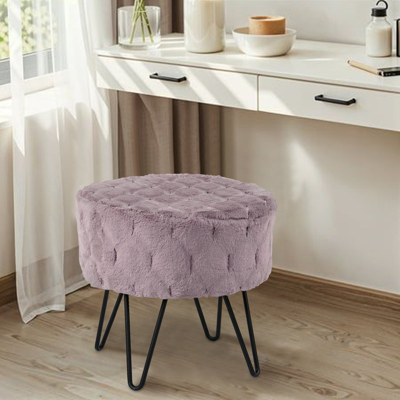 45.7cm Wide Tufted Round Solid Colour Footstool Ottoman, Dusty Blush Faux Fur