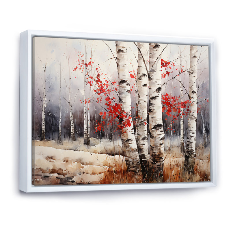 Bois de bouleau blanc et rouge en hiver III - Art mural bouleau, H 12 po x l 20 po x P 1 po, Cadre flottant blanc