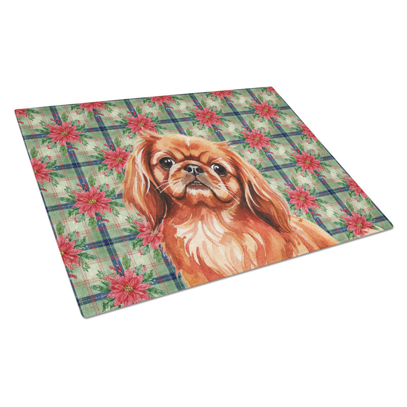 Red Pekingese Christmas PoinsettIas Glass Cutting Board