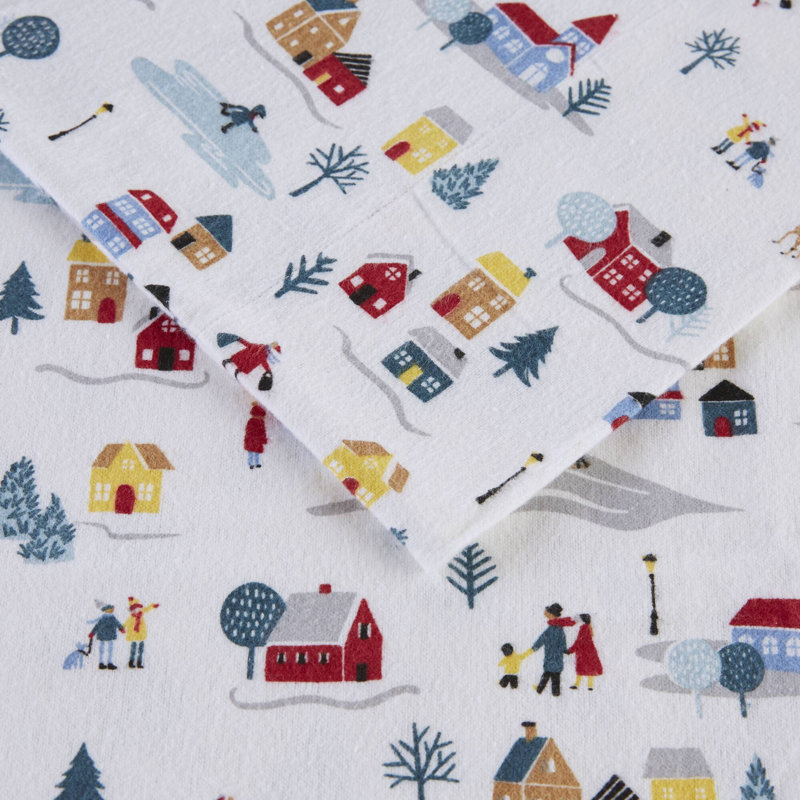 Twin XL White Village Print Cotton Flannel Sheet Set