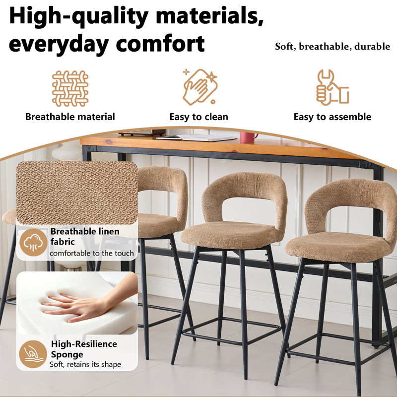 Swivel Upholstered Bar Stool with Iron Frame, Brown