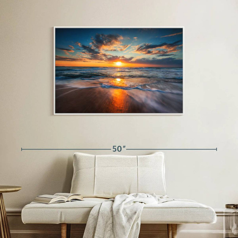 Été, océan, lever de soleil, Cadre flottant blanc, 40 po x 27 po