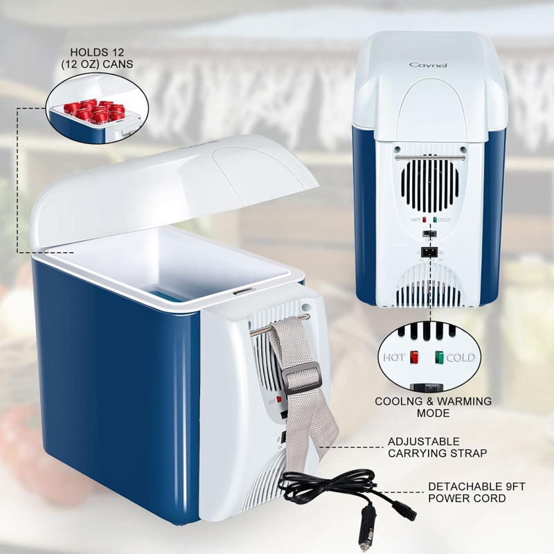 CAYNEL 12V 6 Quart Personal Thermoelectric, 6 Liter Capacity, Portable Electric Cooler Warmer with 12V DC, Small Fridge for Car, RV, and Camping Use