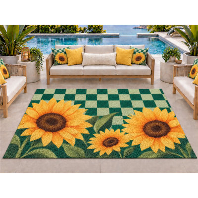 5’ x 7’ Outdoor Area Rug Sunflowers Green Checker Pattern Yellow, Heavyweight Waterproof PVC Coil Loop Carpet, Quick Dry Indoor Outdoor Mat for Poolside Patio Porch Deck Entryway Large Doormat