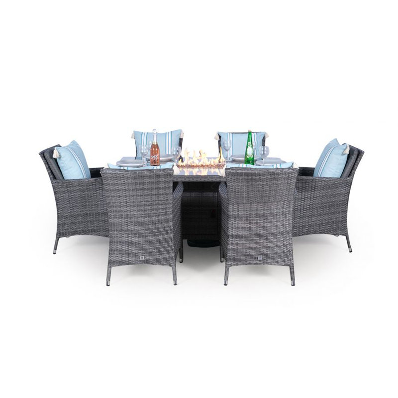 Palacios 6 - Person Wicker Patio Dining Set with Rectangular Table , Cushions Included, Grey, Grey/Light Blue