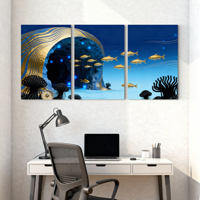Tunnel sous-marin avec poisson doré et corail, ensemble de 3 impressions sur toile