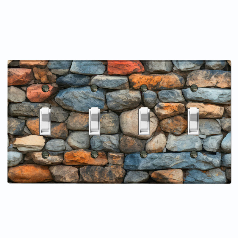 Metal Light Switch Plate Outlet Cover (Natural Rustic Boulder Rock Print - Quadruple Toggle)