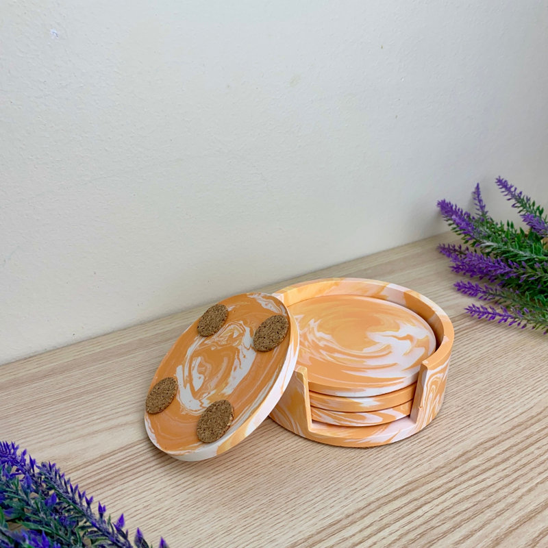 Stoneware Round 4 Piece Coaster Set With Holder, Orange