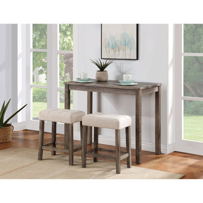 Table de pub 3 pièces avec tabourets en lin blanc crème, comptoir de 36 po, texture en bois naturel, pieds légèrement évasés hauts, 2 pièces, idéal pour la cuisine