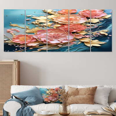 Vague florissante en or rose - art mural floral moderne pour le salon 5 pièces