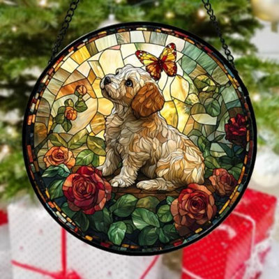 Stained Glass Window Hanging, Dog And Rose Suncatcher For Doors Home Butterfly Sun Catchers Decoration And Christmas, Mother's Day Birthday Gifts For Women, Men, And Mom 14.9X14.9 In
