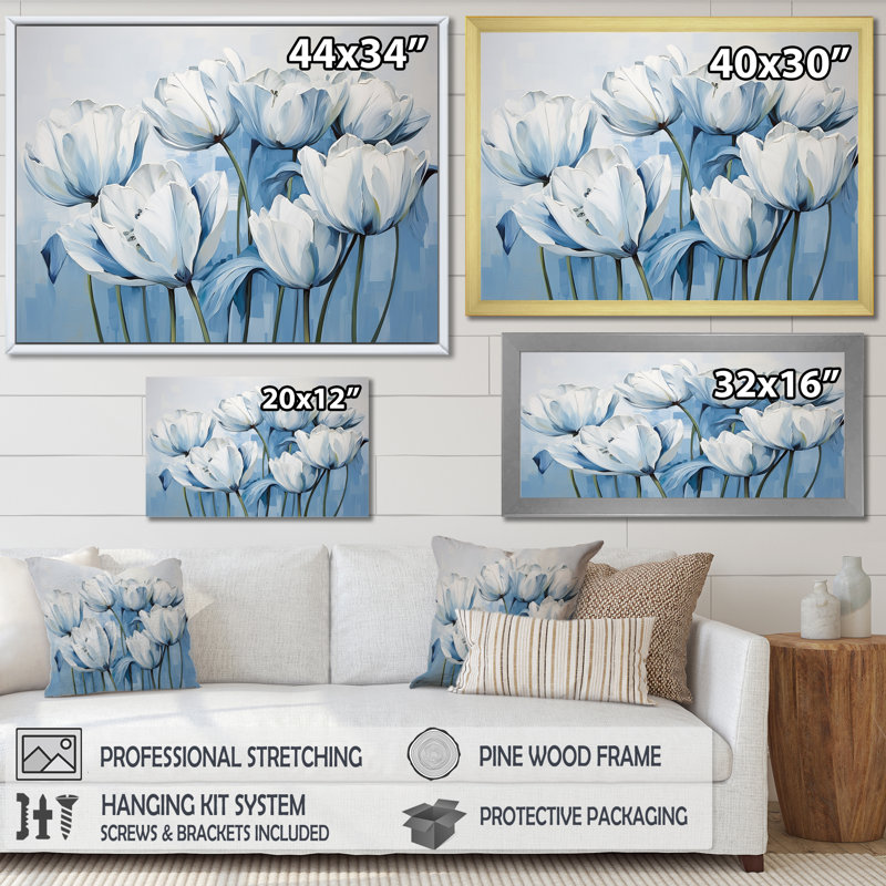 Minimalisme, tulipes bleues et blanches, coups de pinceau I sur toile, Cadre simple blanc, H 34 po x l 44 po x P 1,5 po