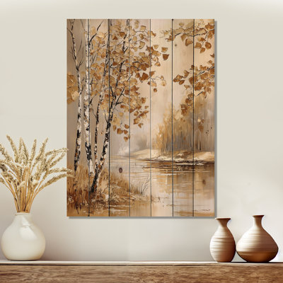 Autumn Birch Trees By The River I - Traditional Gold Wood Print On Natural Pine Wood