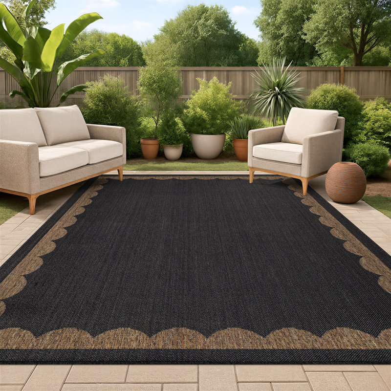 Tapis tissé à plat en jute gris foncé / naturel à bordure festonnée, Gris foncé, Rectangle 9 pi x 12 pi