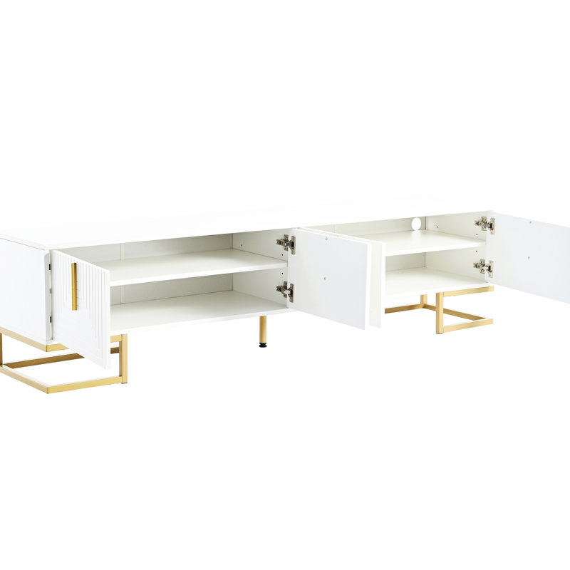 Meuble télé 80 po avec pieds en métal et tablettes réglables, support en or blanc à motif géométrique, Blanc / Doré