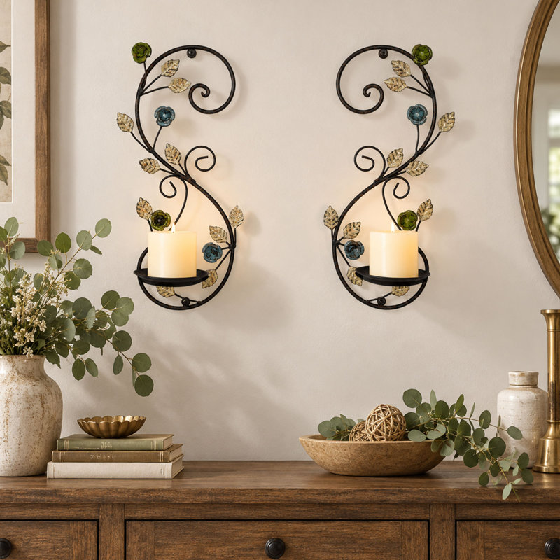 Ensemble de 2 appliques murales antiques en métal à motif de feuille avec plateaux pliables