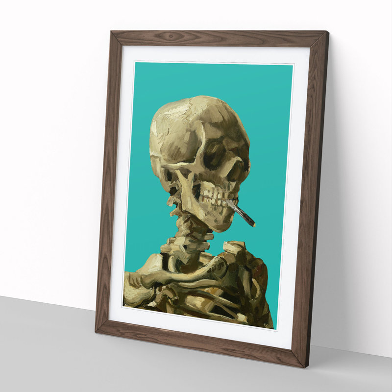 Teal Skull of a Skeleton with Cigarette by Vincent Van Gogh - Picture Frame Graphic Art, Walnut Framed